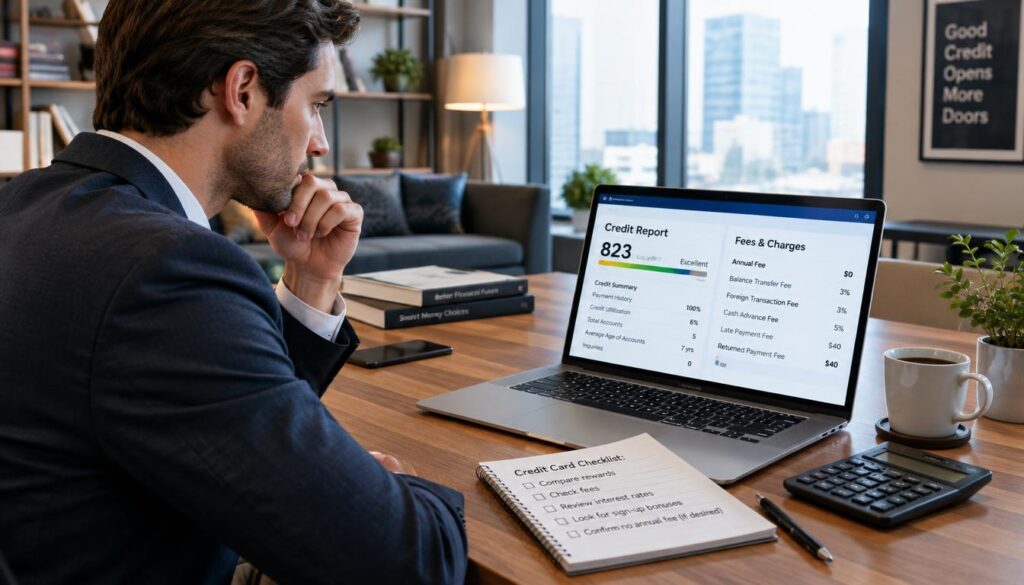 A card applicant reviews fees and credit report before applying