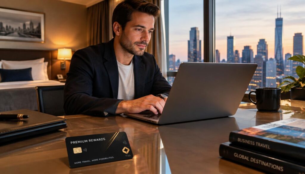 Business traveler booking a trip with a points rewards card