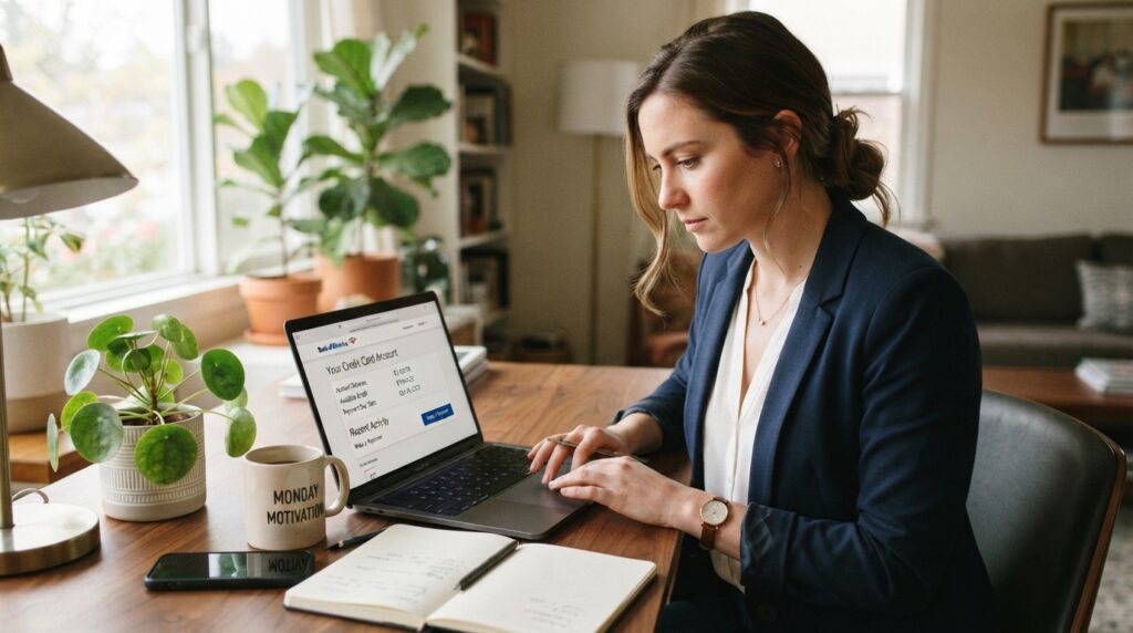 Cardholder reviewing account balance and payment due date
