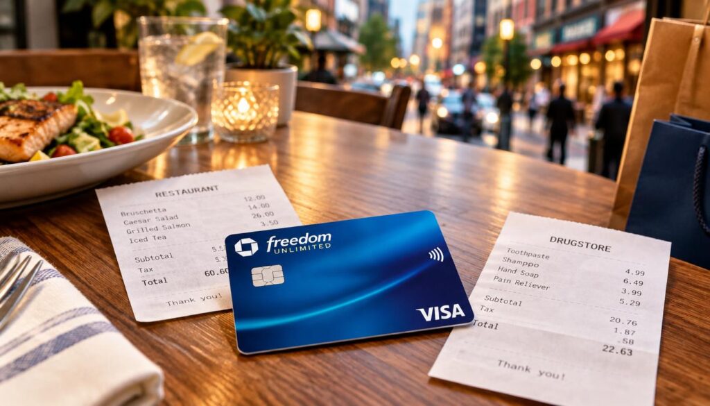 Chase Freedom Unlimited card beside a restaurant and drugstore receipt