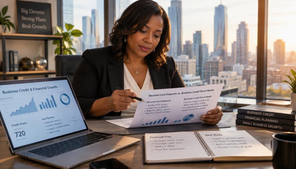 Owner comparing secured card deposits and business credit score needs