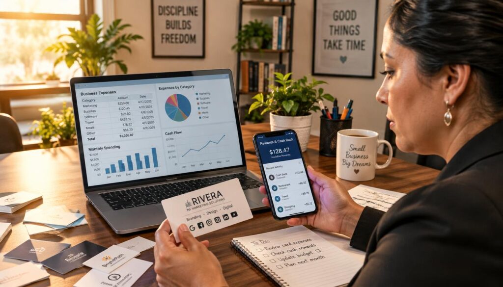 Small business owner reviewing business card expenses and cash rewards