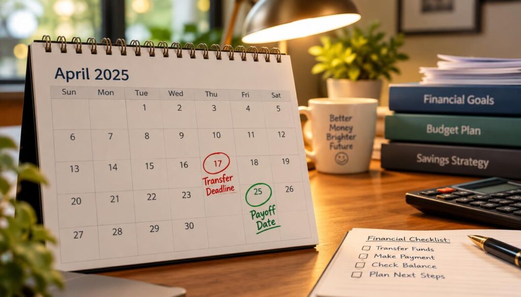 Transfer deadline and payoff date marked on a card calendar
