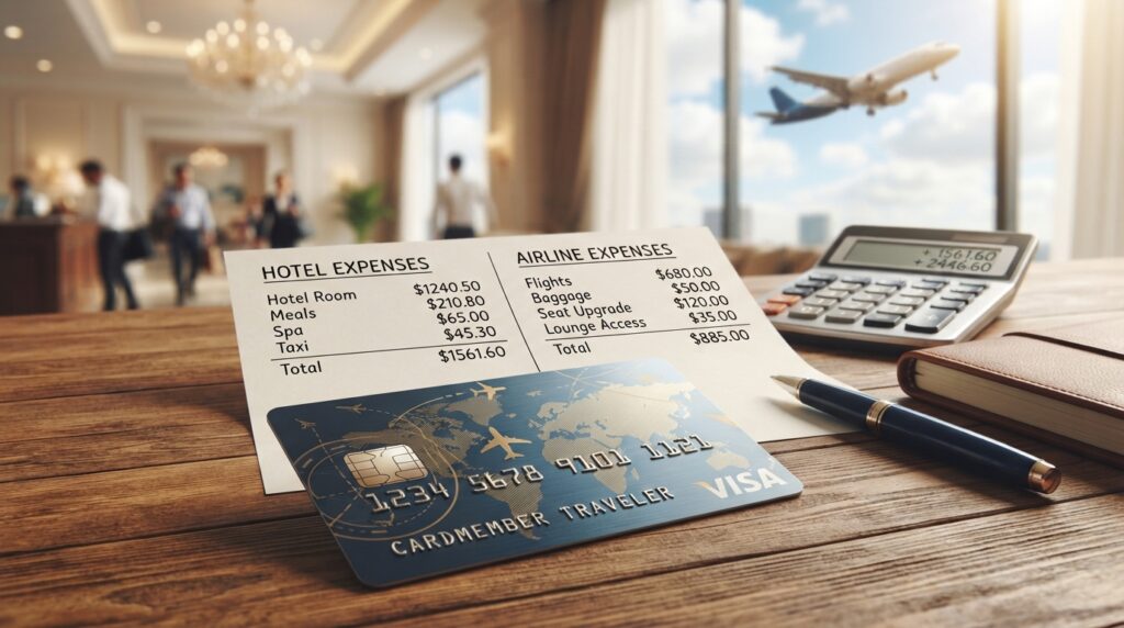 Travel rewards card beside planned hotel and airline expenses
