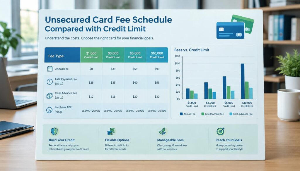 Unsecured card fee schedule compared with credit limit
